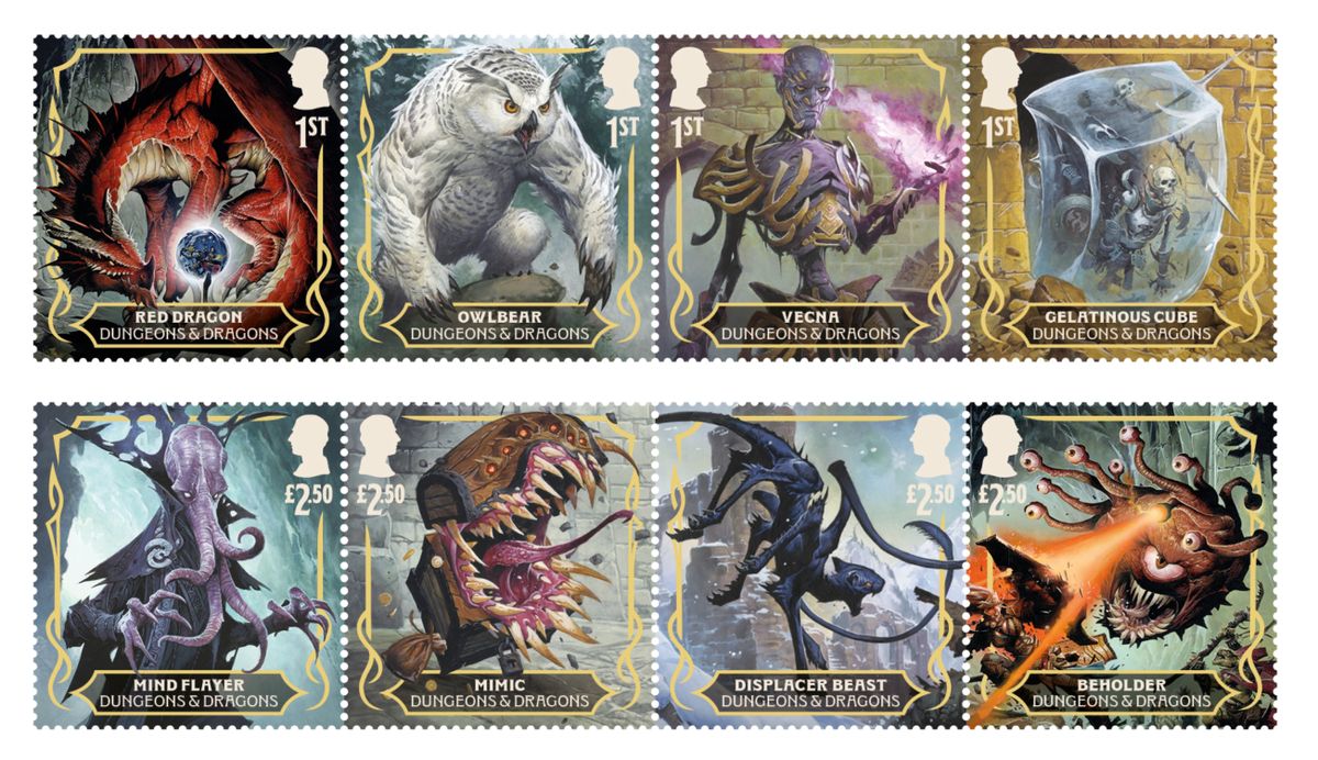 Royal Mail stamps depicting various iconic monsters from Dungeons &amp; Dragons.