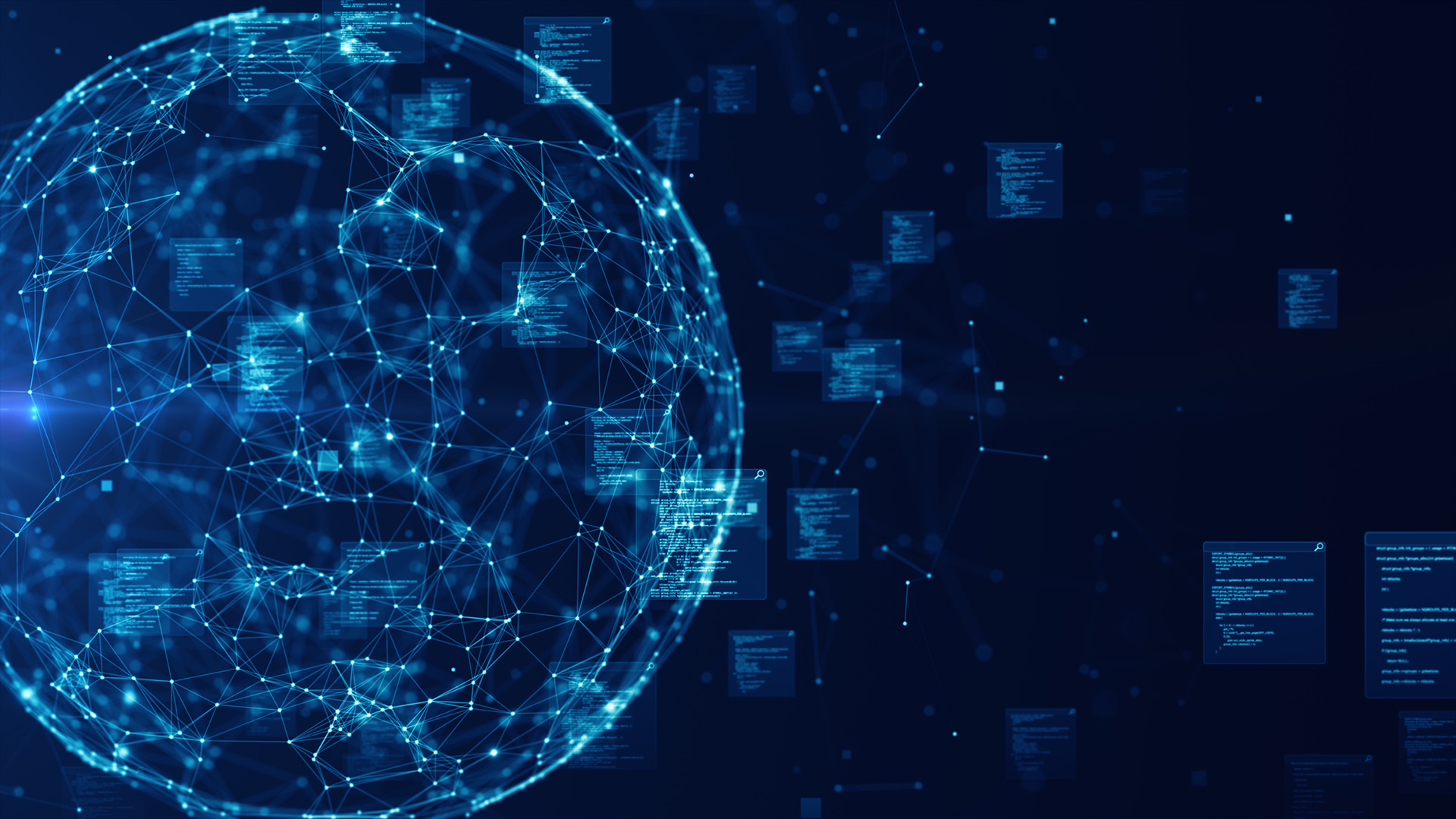 A visualization of machine identities, shown as blue nodes in the shape of the world with code surrounding them, against a black background.