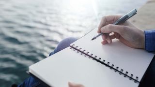 person journaling by the water