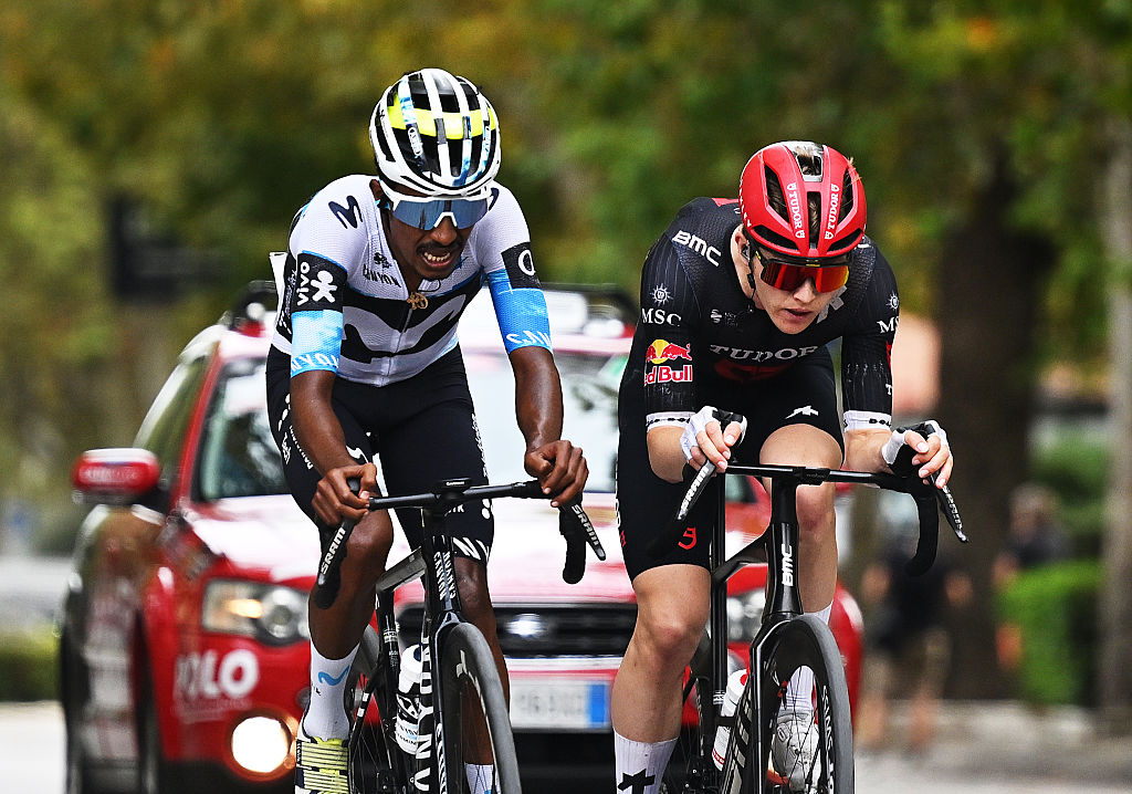 CESENATICO, ITALY - SEPTEMBER 13: (L-R) Natnael Tesfatsion of Eritrea and Team Movistar and Michael Storer of Australia and Team Tudor Pro Cycling compete in the breakaway during the 22nd Memorial Marco Pantani 2025 a 195.7km one day race from Cesenatico to Cesenatico on September 13, 2025 in Cesenatico, Italy. (Photo by Luc Claessen/Getty Images)