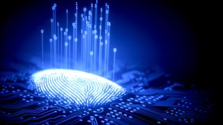 A digital fingerprint with blue data streaming upwards from it