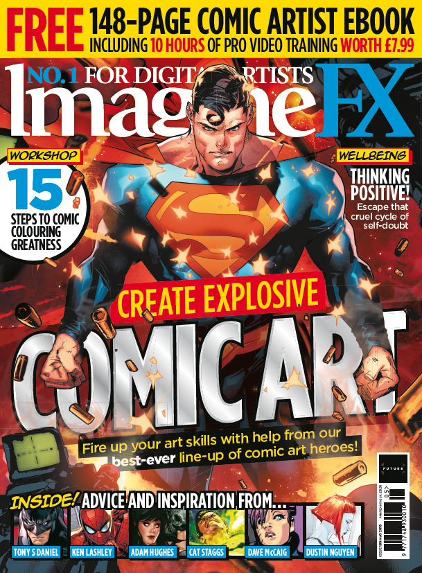 ImagineFX cover with Superman's chest repelling a hail of bullets