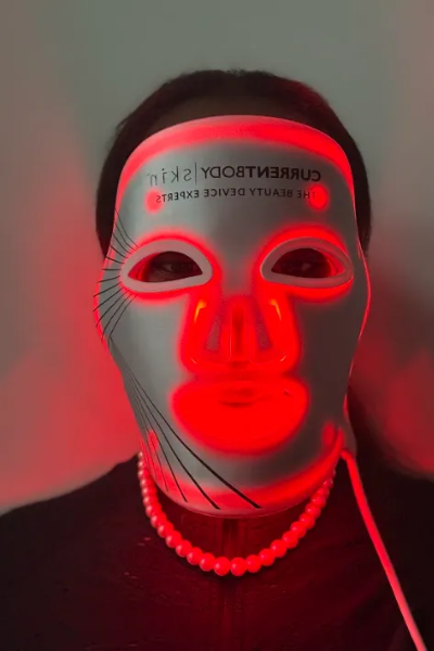 Tonna O., a Marie Claire tester, tests the CurrentBody Skin LED Light Therapy Mask