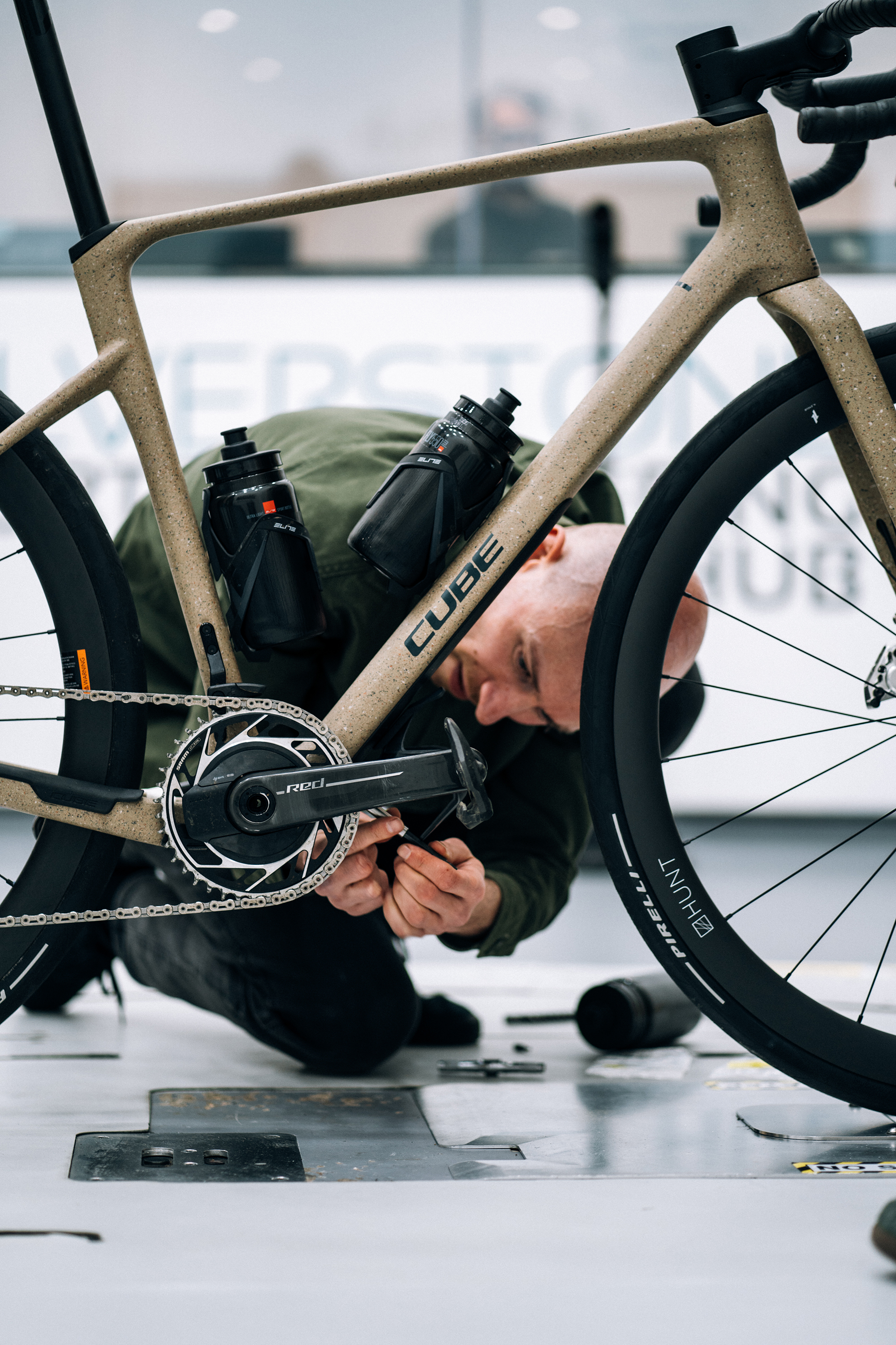The bottle configuration on a Cube bike, which sits in a wind tunnel with