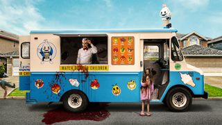 A creepy ice cream man tipping his hat in his bloodstained truck with a zombie child holding an ice cream cone