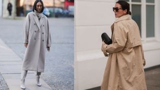 composite of two women wearing neutral colored tailored coats