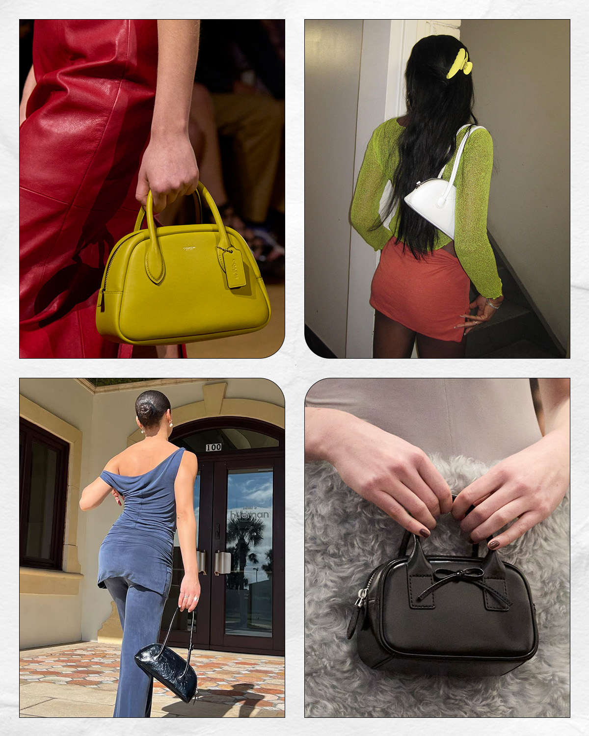 a collage of models and influencers carrying the '90s handbag trend: bowler bags
