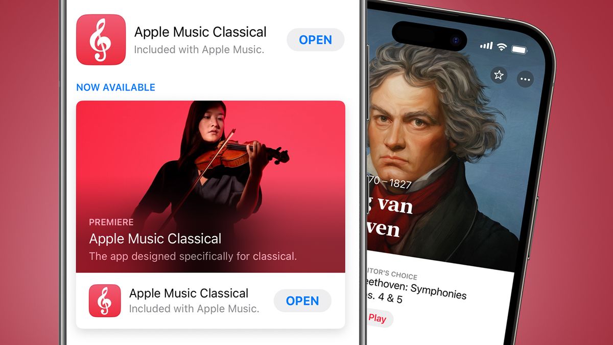 Two iPhones on a red background showing the Apple Music Classical app