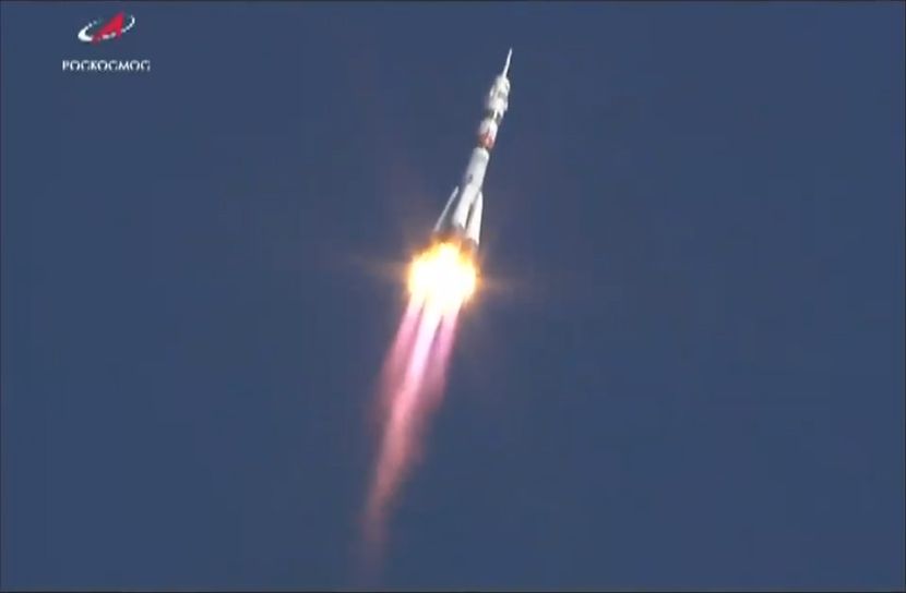 A Russian Soyuz 2.1a rocket launches an uncrewed Soyuz capsule carrying the humanoid robot Skybot F-850, nicknamed "Fyodor," on a test flight from Baikonur Cosmodrome, Kazakhstan. Liftoff occurred at 8:38 a.m. local time on Aug. 22, 2019.