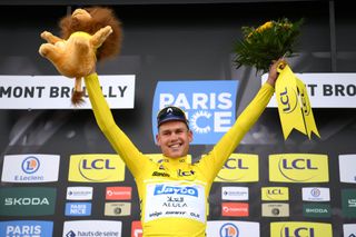 MONT BROUILLY FRANCE MARCH 06 Luke Plapp of Australia and Team Jayco AlUla celebrates at podium as Yellow Leader Jersey winner during the 82nd Paris Nice 2024 Stage 4 a 183km stage from ChalonsurSane to Mont Brouilly 476m UCIWT on March 06 2024 in Mont Brouilly France Photo by Alex BroadwayGetty Images