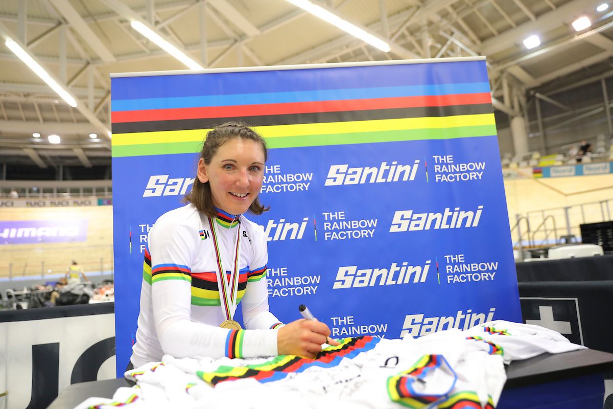 Picture by Alex Whitehead/SWpix.com - 23/10/2021 - Cycling - Tissot 2021 UCI Track Cycling World Championships - Women's Individual Pursuit Finals - Stab Velodrome, Roubaix, France - Germany's Lisa Brennauer signing Santini rainbow jerseys after taking gold in the women's individual pursuit.