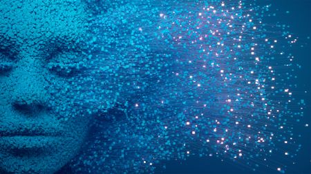 AI agent concept image showing a digitized human face disintegrating into hundreds of small individual blocks.