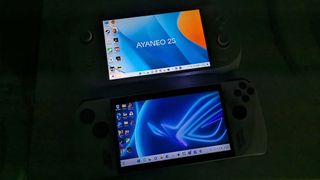 AYANEO 2S and ROG Ally with screens on lowest brightness.