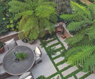 Terrace shot from above with paving and round table