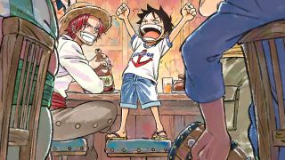 Luffy cheering in the bar while Shanks watches.