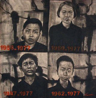 A painting of four people with their years of birth and the year they were killed