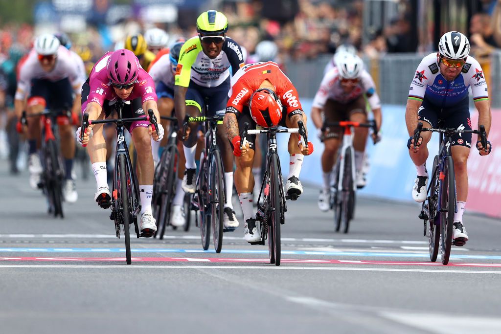 SCALEA ITALY MAY 12 LR Arnaud Demare of France and Team Groupama FDJ Purple Points Jersey Hailu Biniam Girmay of Eritrea and Team Intermarch Wanty Gobert Matriaux Caleb Ewan of Australia and Team Lotto Soudal and Mark Cavendish of United Kingdom and Team QuickStep Alpha Vinyl sprint at finish line during the 105th Giro dItalia 2022 Stage 6 a 192km stage from Palmi to Scalea Giro WorldTour on May 12 2022 in Scalea Italy Photo by Michael SteeleGetty Images