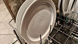 Clean white plate in a dishwasher with other plates and baking tray behind