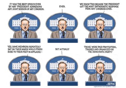 Political Cartoon U.S. Sean Spicer press conference Donald Trump Congress paid protestors