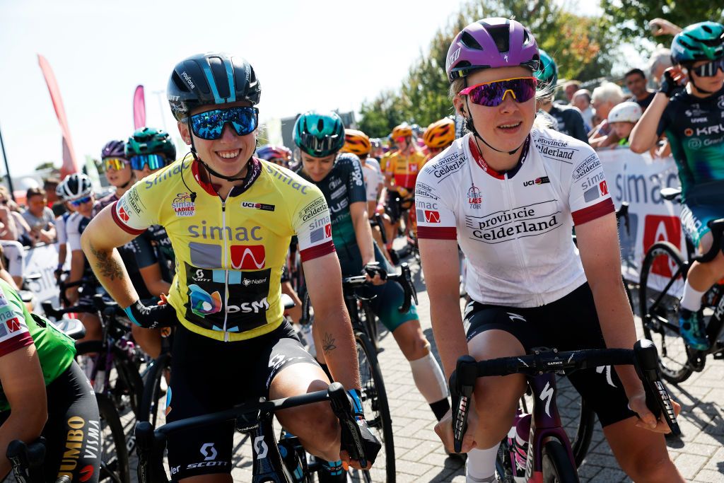 LANDGRAAF NETHERLANDS SEPTEMBER 02 LR Lorena Wiebes of Netherlands and Team DSM Yellow leader jersey and Lonneke Uneken of Netherlands and Team SD Worx White Best Young Rider Jersey prior to the 25th Simac Ladies Tour 2022 Stage 4 a 1352km stage from Landgraaf to Landgraaf SLT2022 UCIWWT on September 02 2022 in Landgraaf Netherlands Photo by Bas CzerwinskiGetty Images
