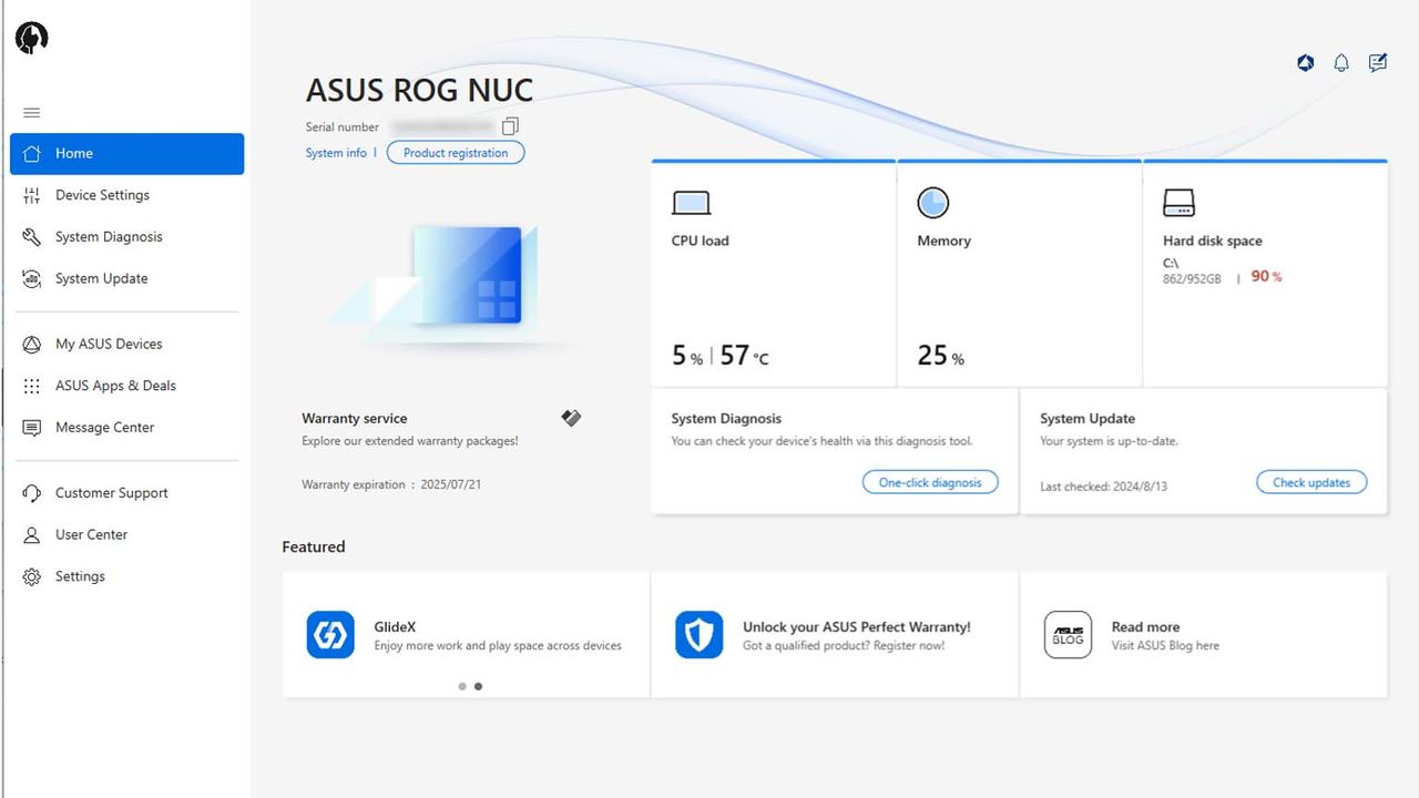 ASUS ROG NUC 970 MyASUS home.