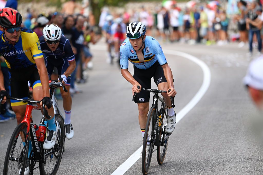 TRENTO ITALY SEPTEMBER 12 Remco Evenepoel of Belgium compete in the breakaway during the 27th UEC Road Cycling European Championships 2021 Elite Mens Road Race a 1792km race from TrentoPiazza Duomo to TrentoPiazza Duomo UECcycling on September 12 2021 in Trento Italy Photo by Justin SetterfieldGetty Images