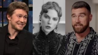 From left to right: Joe Alwyn on Late Night with Seth Meyers, Taylor Swift in the Fortnight music video and Travis Kelce on GMA.