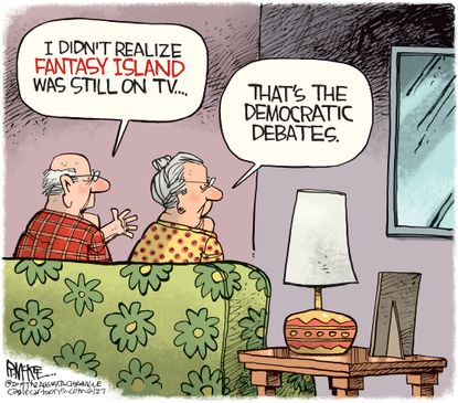 Political Cartoon U.S. Fantasy Island Democratic Debates TV