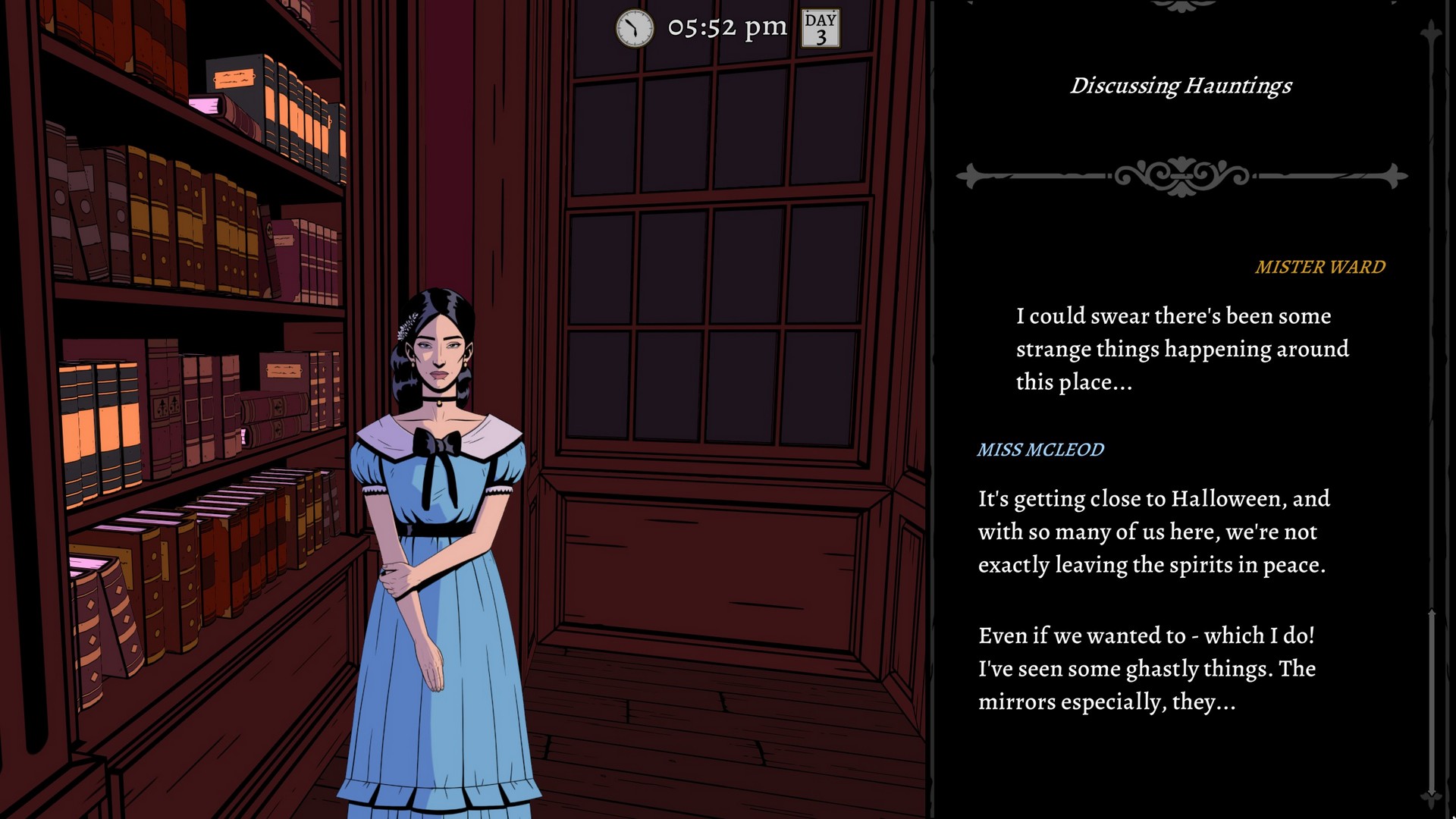 Macleod talks with the player in The Seance of Blake Manor