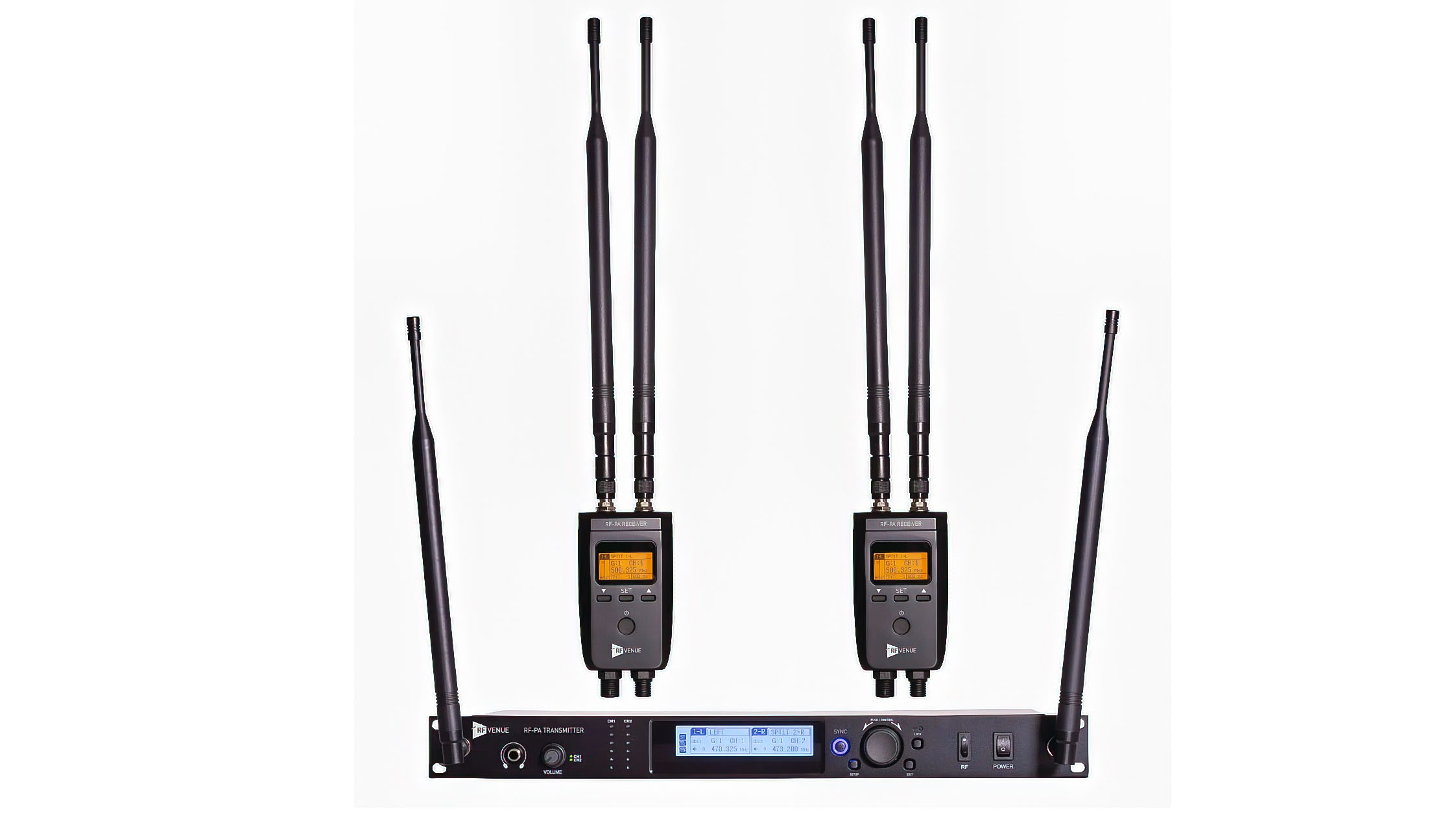 The RF PA Extension Kit, composed of one rack-mount transmitter and two compact receivers.