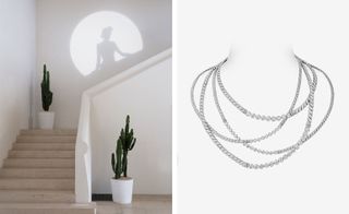 Left, The Flying Cloud high jewellery collection was revealed at La Pausa, Roquebrune-Cap-Martin. Right, ‘Sparkling Lines’ white gold and diamond necklace