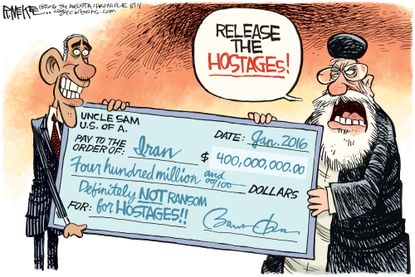 Editorial cartoon World U.S. Iran hostages $400 million ransom check Barack Obama