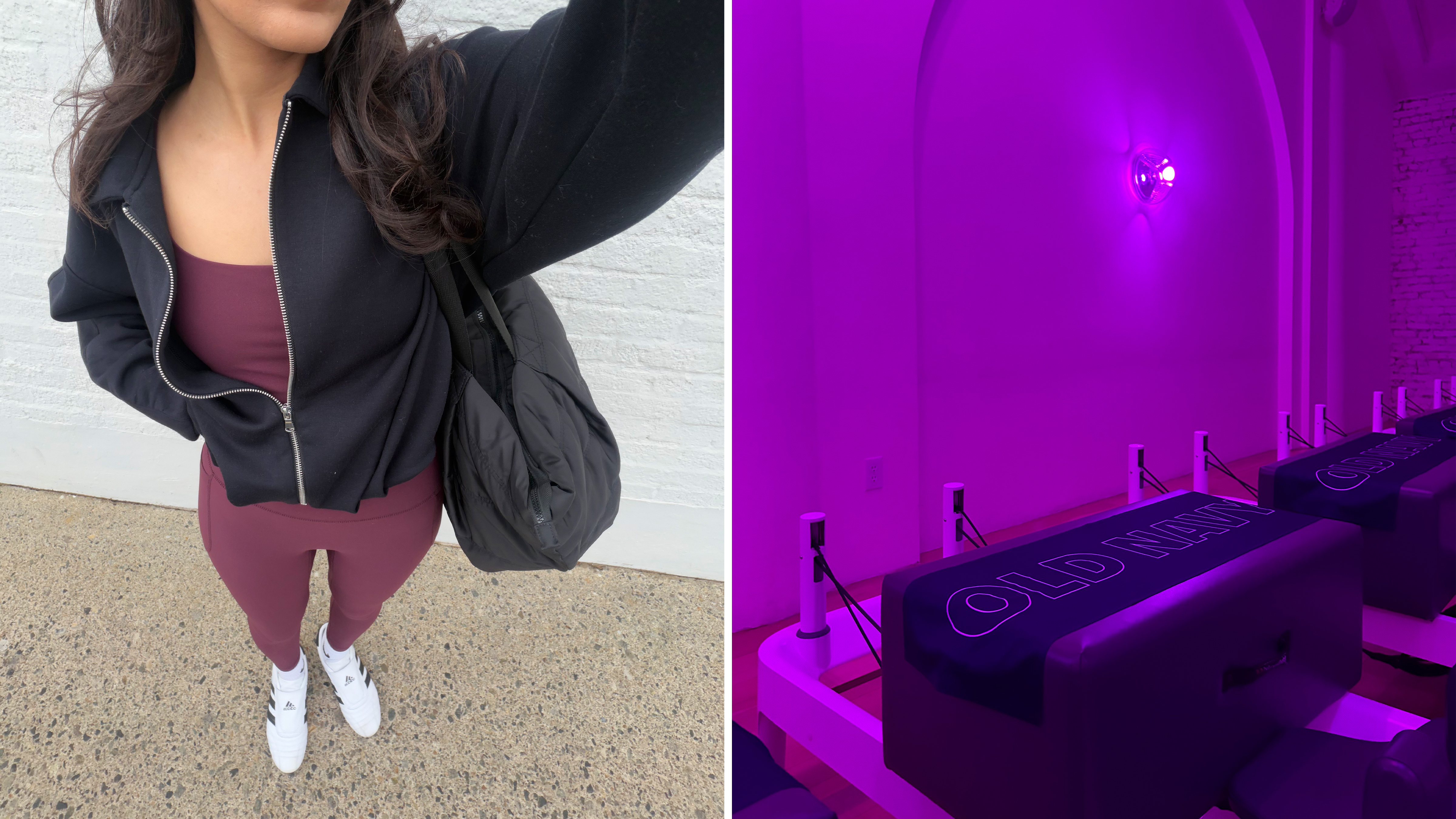 WWW assistant shopping editor Josephine Hadjiloucas wearing Old Navy activewear and an image of Old Navy New York Pilates class. 