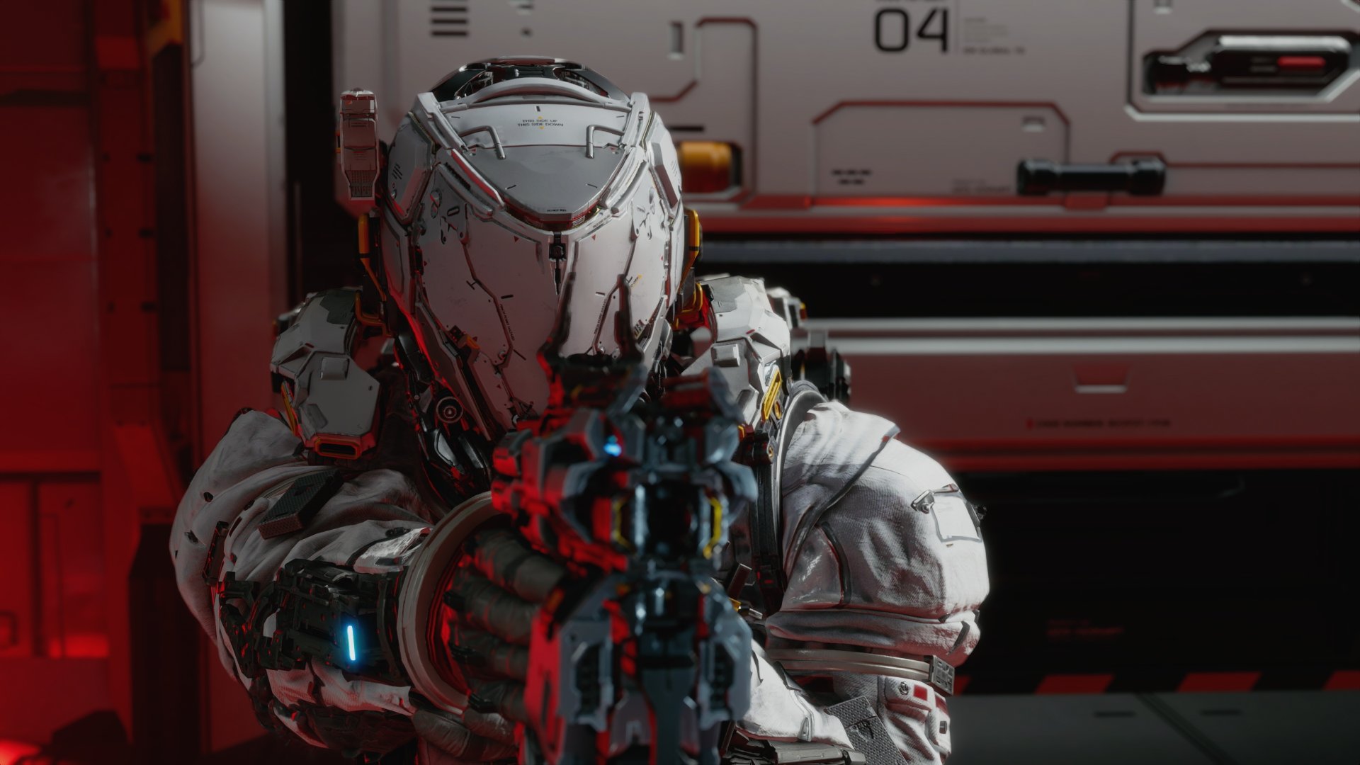 Pragmata screenshot of protagonist Hugh in astronaut-like armor pointing a gun