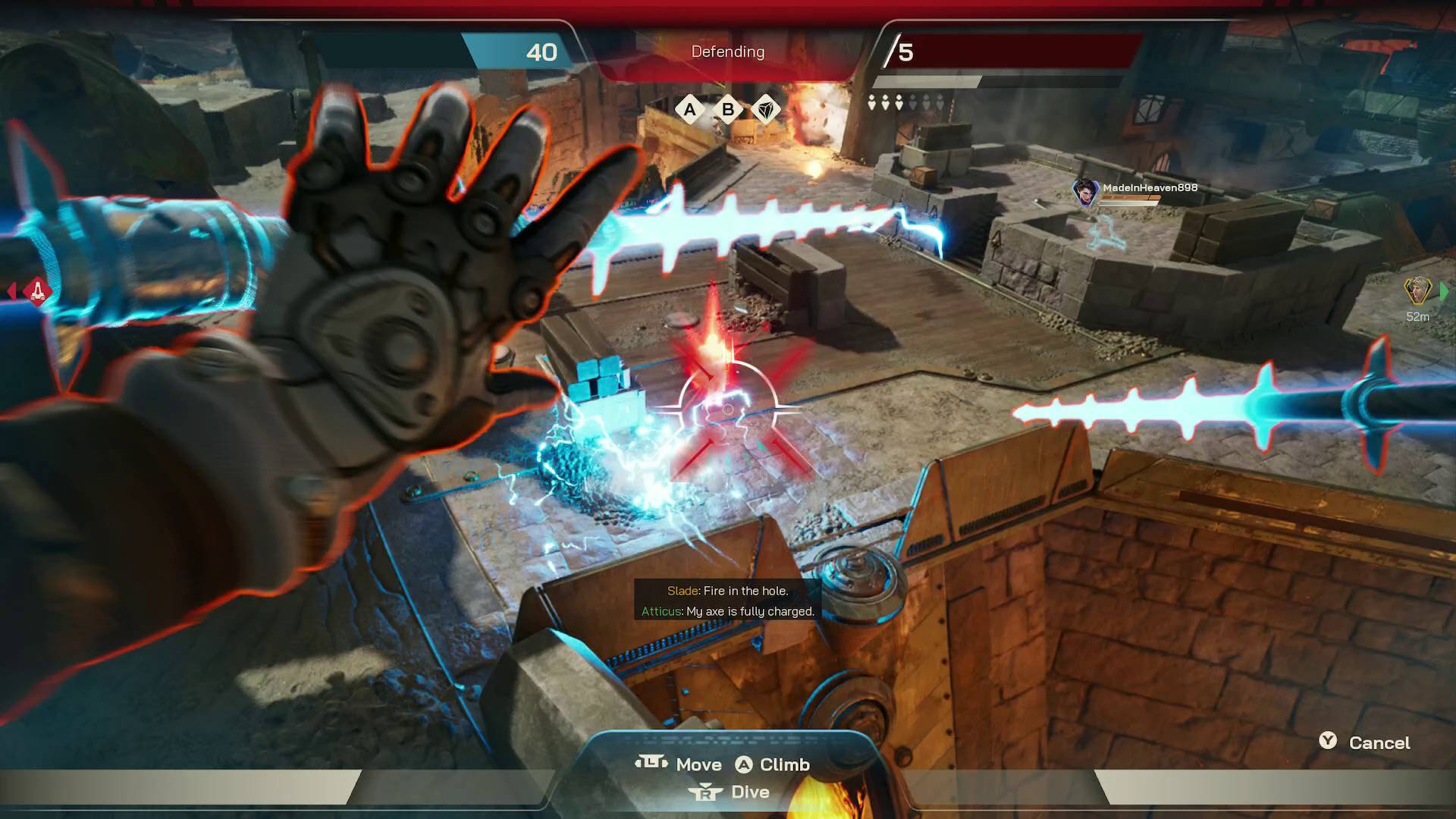 Highguard Warden character Atticus throwing lightning spears down at an enemy on a bridge and killing them