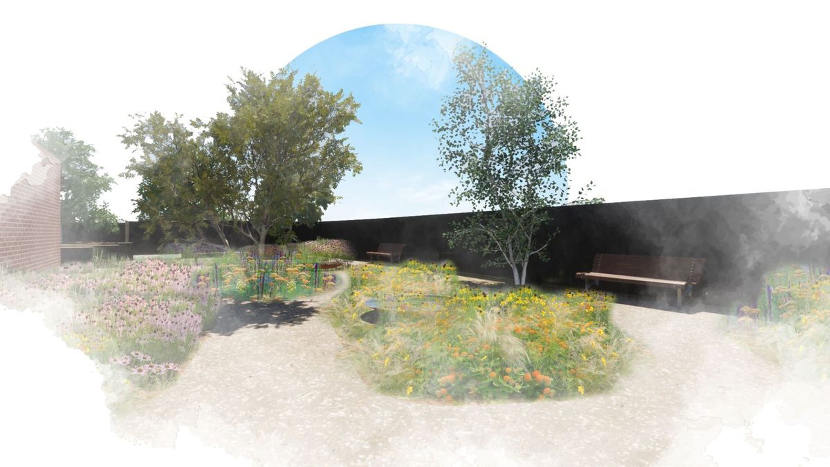 Another artist's depiction show the walkway around the garden and places for residents to sit and flowerbeds line the garden
