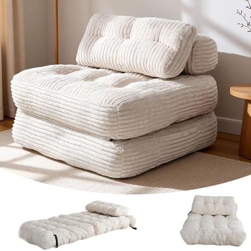Quintin Folding Sofa Bed, 3-In-1 Convertible Sleeper Chair With Pillow Foldable Matress With Back Support, Portable Fold Out Chair Bed Comfy Floor Sofa Lounge for Living Room (beige Single B)