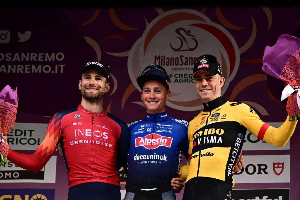 The winners podium of the 2023 Milan-San Remo race: