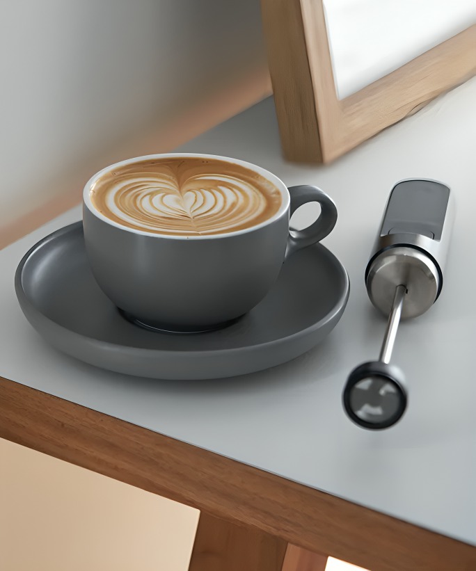 A grey handheld milk foamer on a grey desktop beside a grey mug of cappuccino.