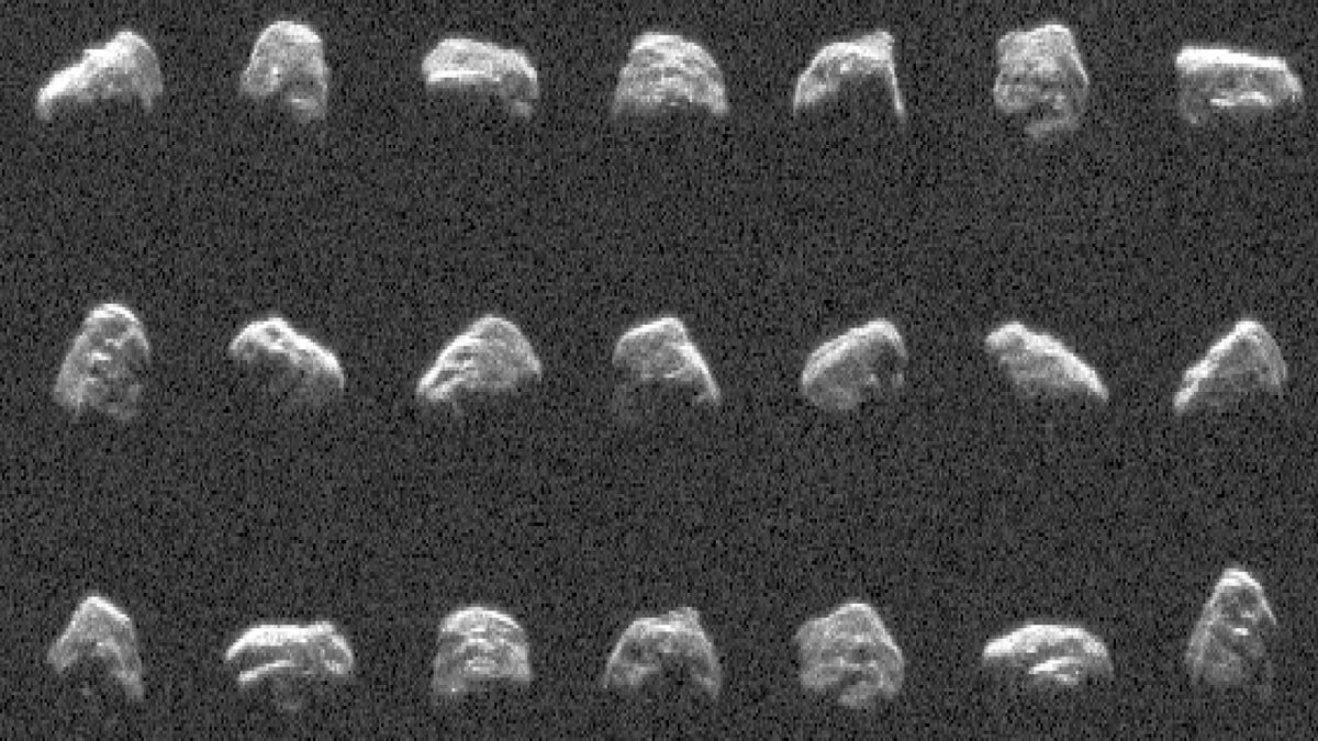 Blurry images of an asteroid stacked next to each other