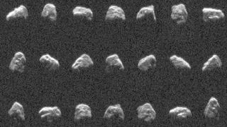 Blurry images of an asteroid stacked next to each other