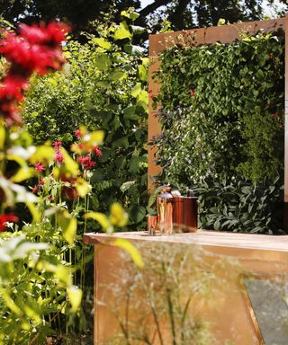 A herb wall as part of an outdoor kitchen entertaining area in garden designed by Anca Panait