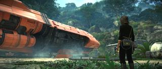 Star Wars Outlaws review; a space ship lands in a jungle