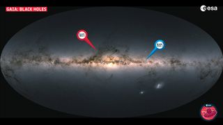 A map of the Milky Way galaxy, revealing the locations of the extremely close black holes Gaia BH1 and BH2