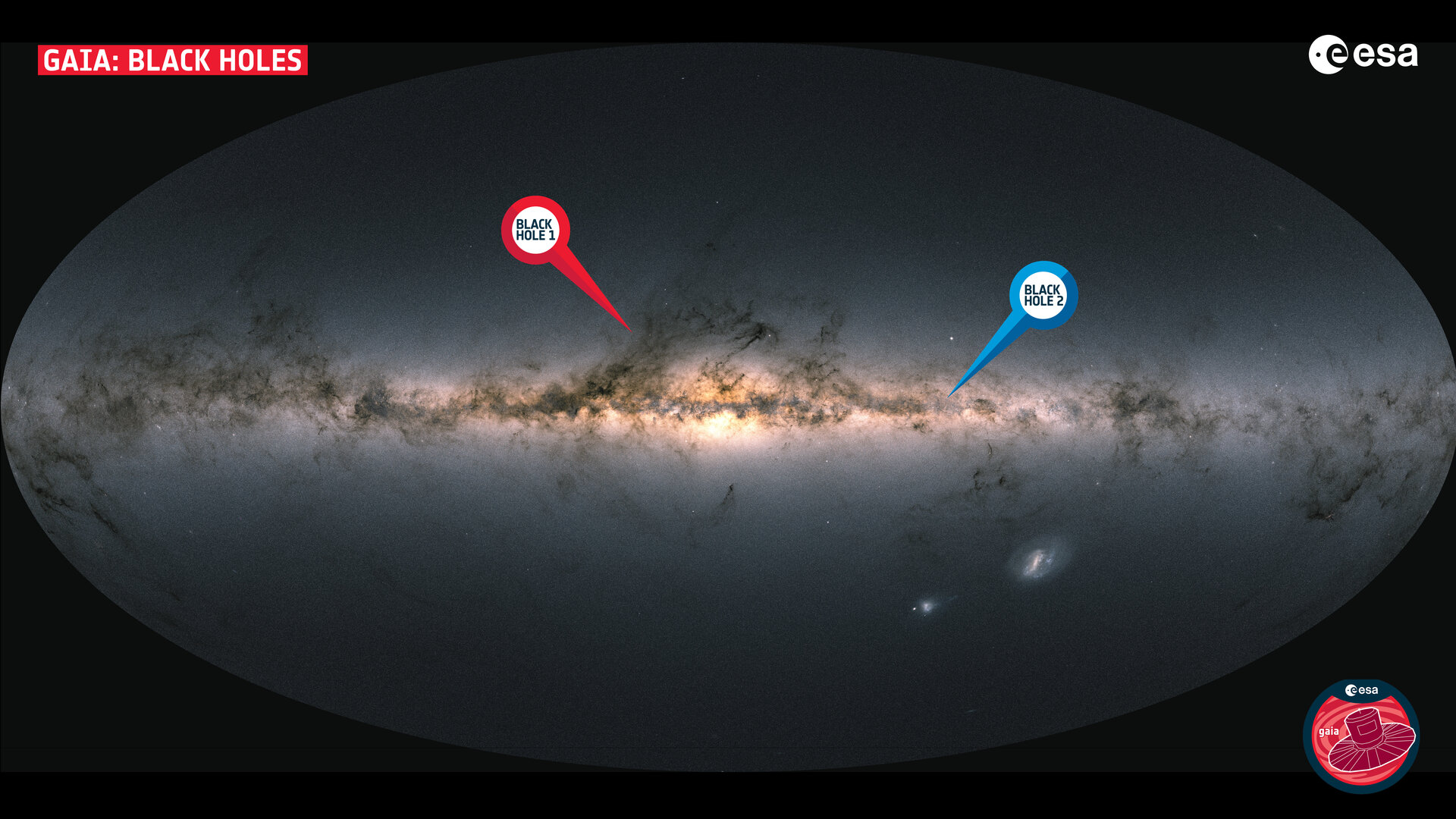Carte de la Voie lactée, révélant les emplacements des trous noirs extrêmement proches Gaia BH1 et BH2