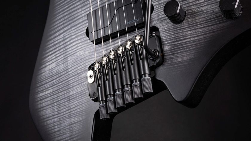 A close-up of the new Arc Tilt tremolo bridge on a Strandberg guitar