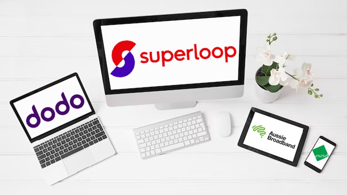 Dodo, Superloop, Aussie Broadband and Exetel logos on a range of devices