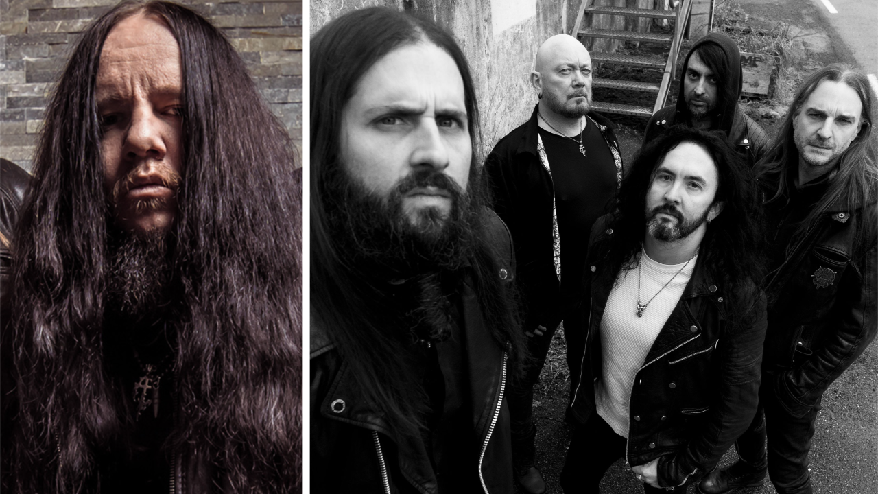 Joey Jordison in 2018, next to the current lineup of Sinsaenum in 2025