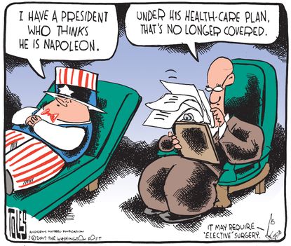 Political Cartoon U.S. President Trump Napoleon complex health care plan