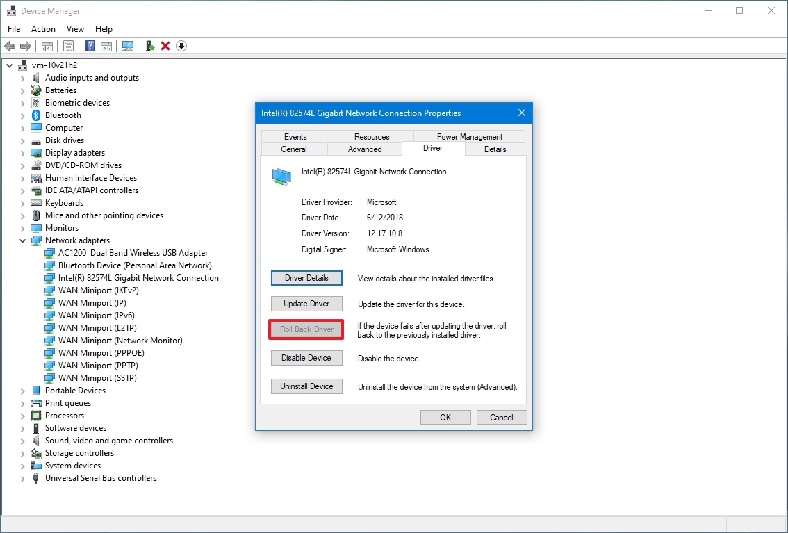 Windows 10 roll back network driver option